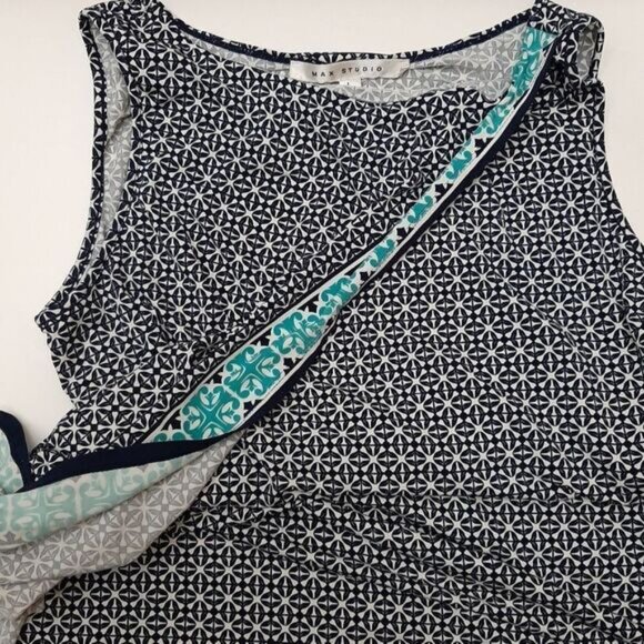 MAX STUDIO Geometric Blue Pattern Stretchy Faux Wrap Mini Dress Sz L - Picture 11 of 15